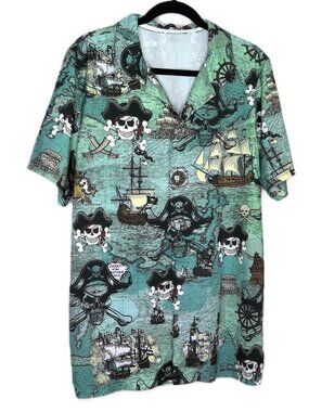 Kingdom09 Short Sleeve Shirt Button Up Pirate Skull & Crossbones Ship Whimsy  M